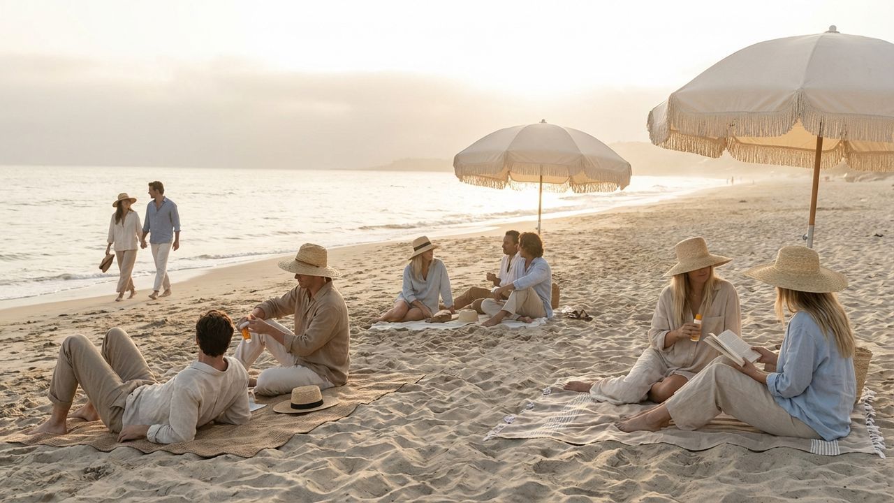 Personnes à la plage en fin de journée