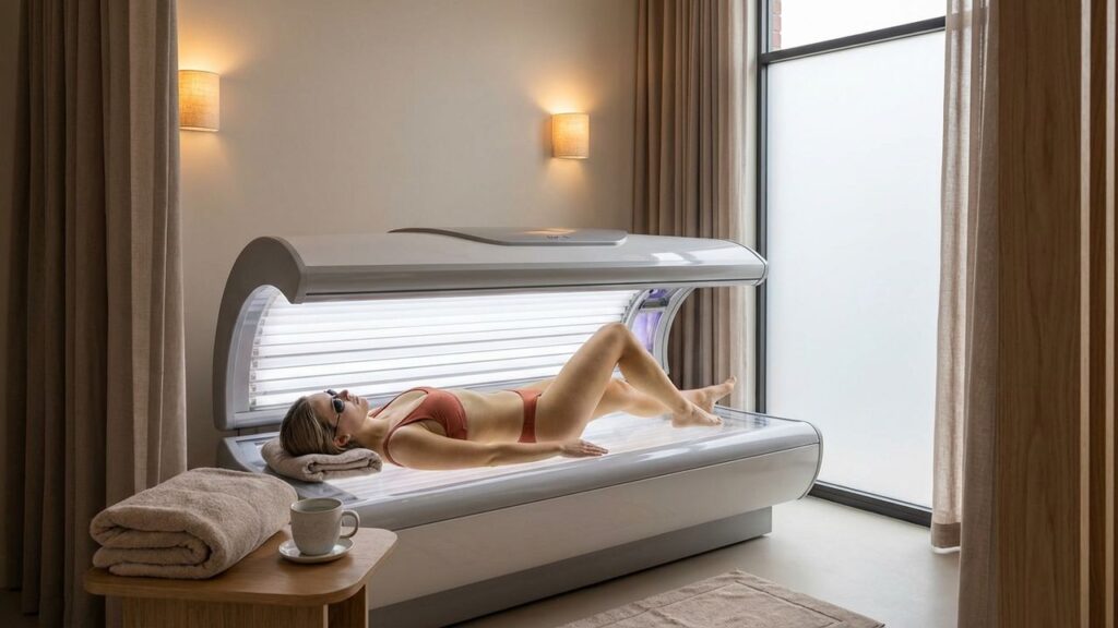Femmes qui bronze en cabine UV