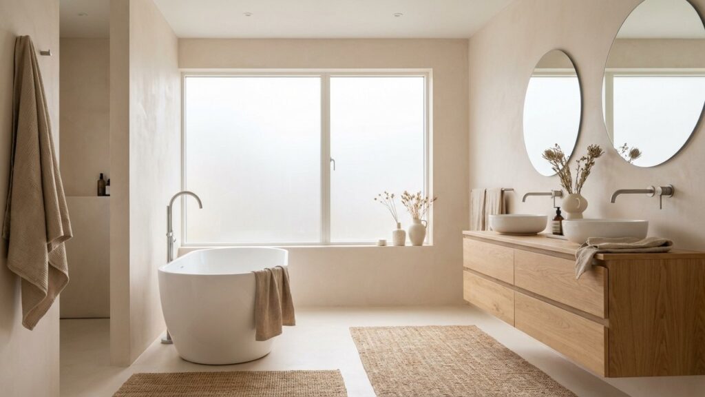 Grande salle de bain aménagée avec baignoire îlot et espaces bien délimités