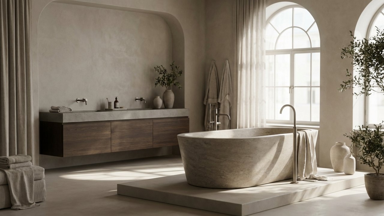 Aménagement d'une grande salle de bain avec baignoire îlot positionnée au centre