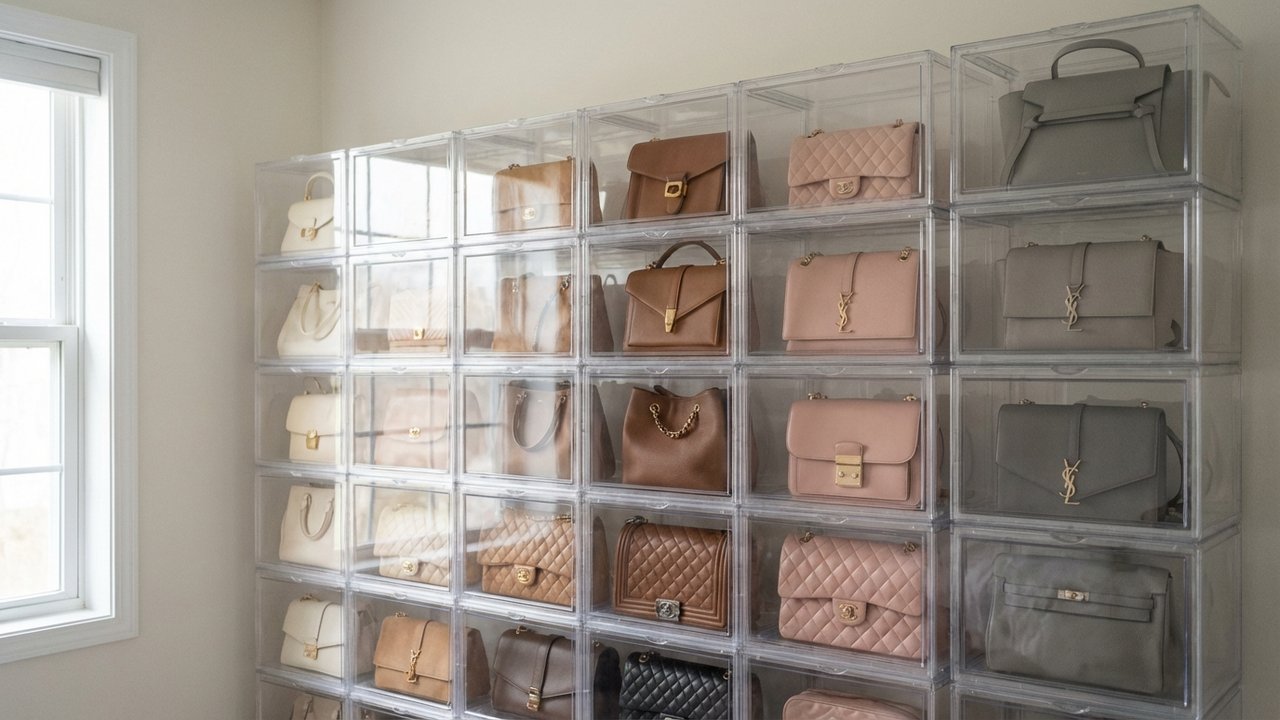 Sacs à main rangés dans des boîtes transparentes empilables