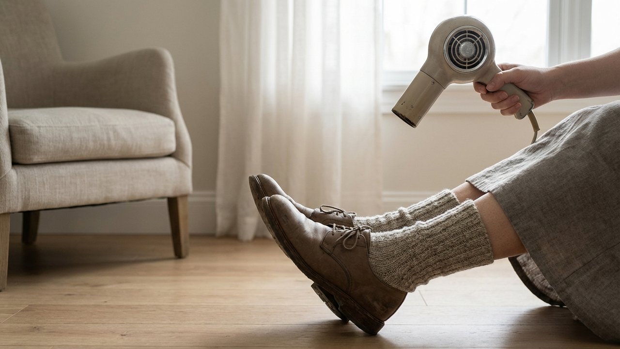 Élargissement de chaussures avec chaussettes épaisses et sèche-cheveux