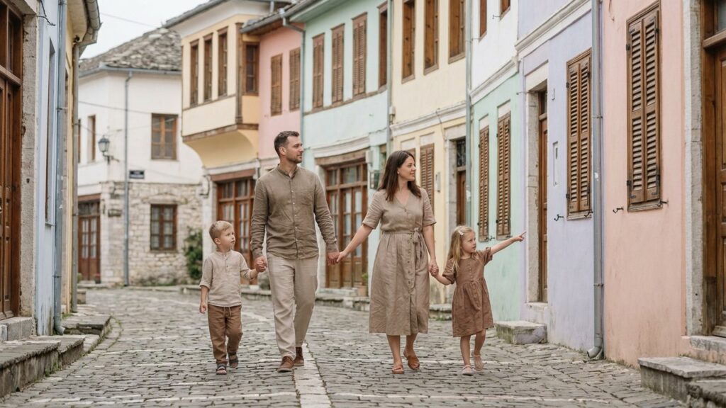 Famille en Albanie découvrant une destination touristique