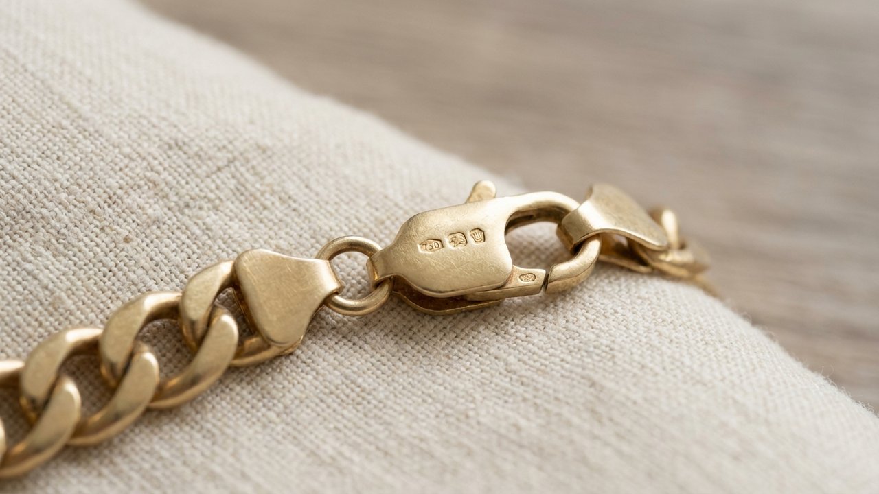 Poinçon d'authenticité gravé sur le fermoir d'une chaîne en or 18 carats