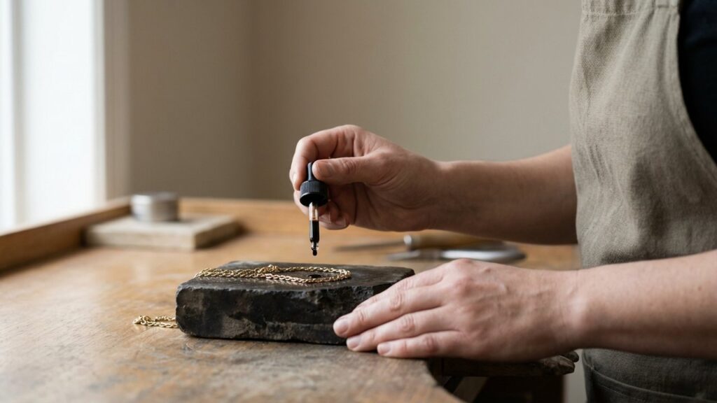 Test d'authenticité d'une chaîne en or à l'acide sur pierre de touche