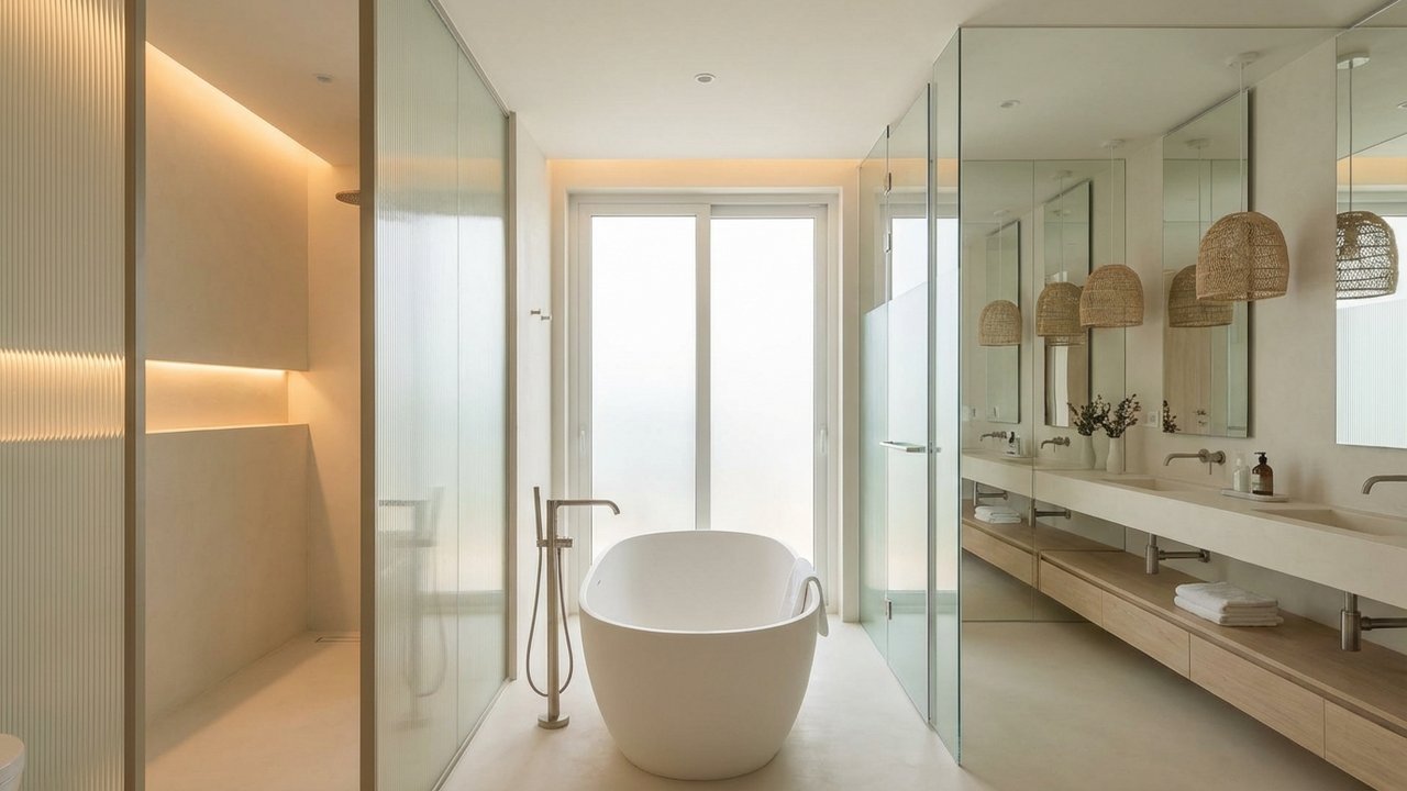 Grande salle de bain organisée en zones distinctes avec cloisons en verre et éclairage adapté