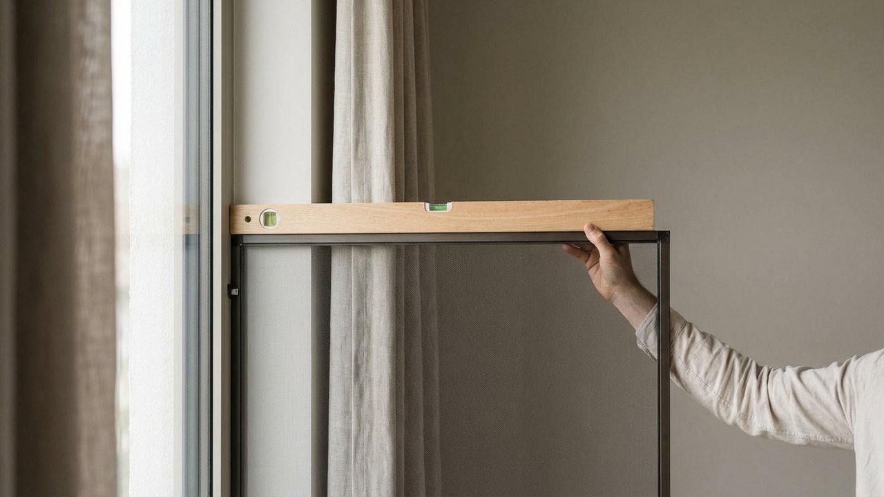 Alignement des rails verticaux d'une moustiquaire au niveau laser