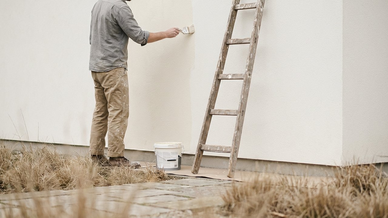 Application d'une nouvelle couche de peinture acrylique sur une façade