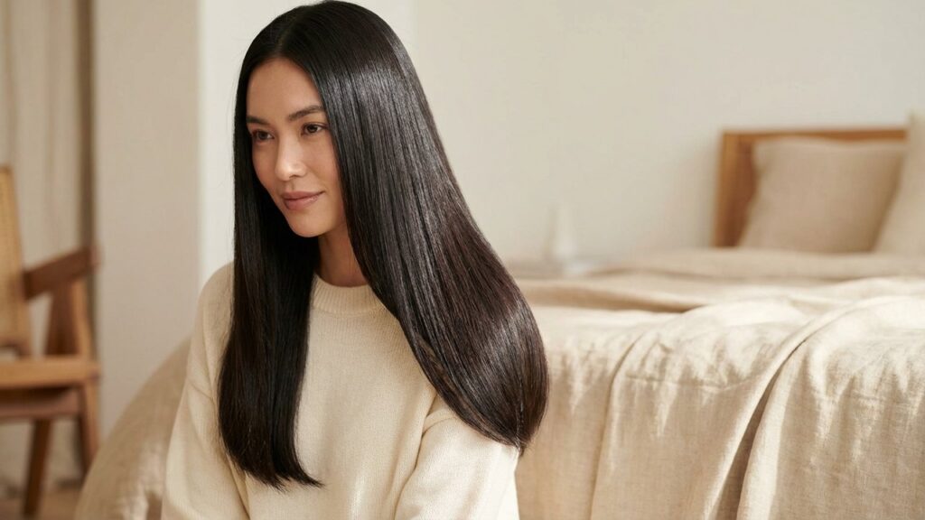Cheveux lisses et brillants après un traitement de lissage brésilien ou indien