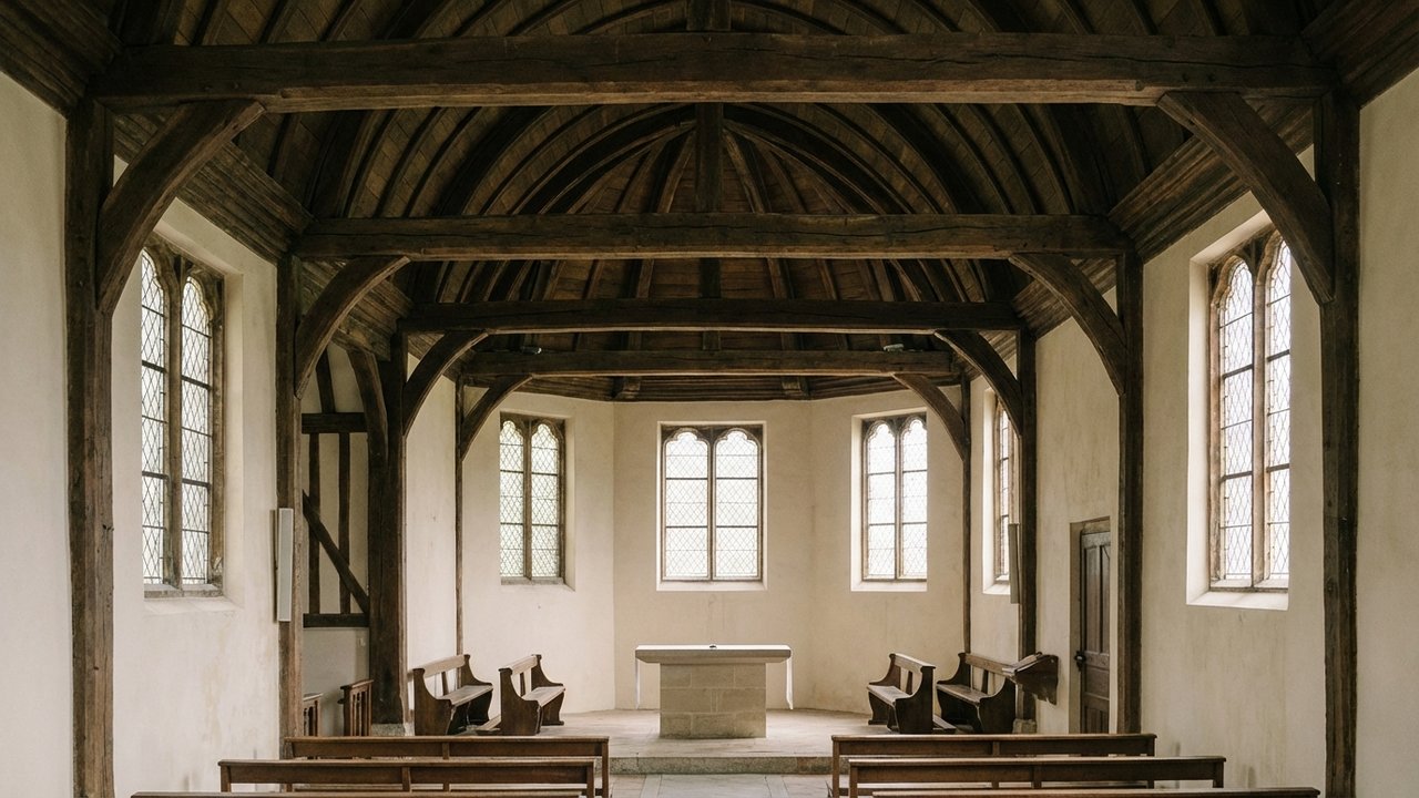 Intérieur de l'église Sainte-Catherine de Honfleur avec charpente en bois