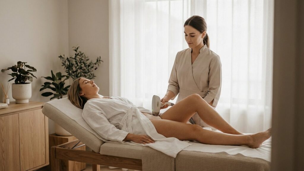 Séance d'épilation laser au maillot avec applicateur laser