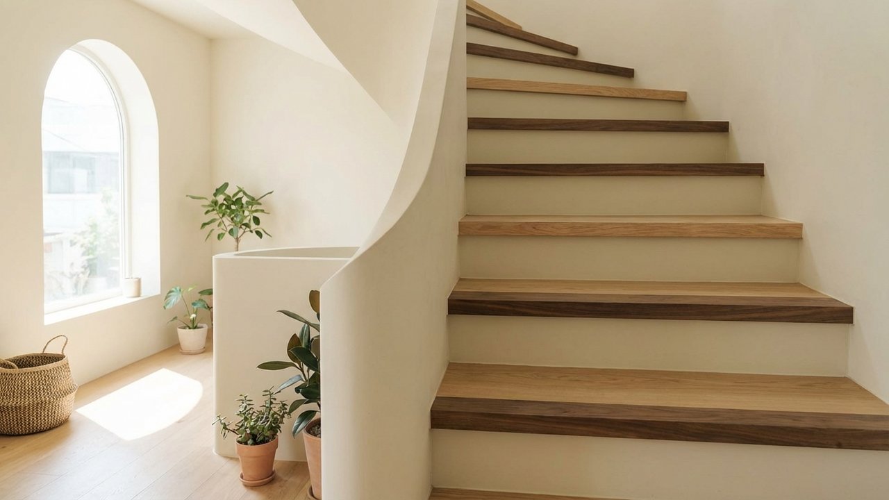Escalier avec contremarches peintes et marches en bois naturel