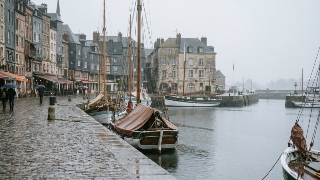 Vue du vieux bassin de Honfleur sous la pluie avec bateaux