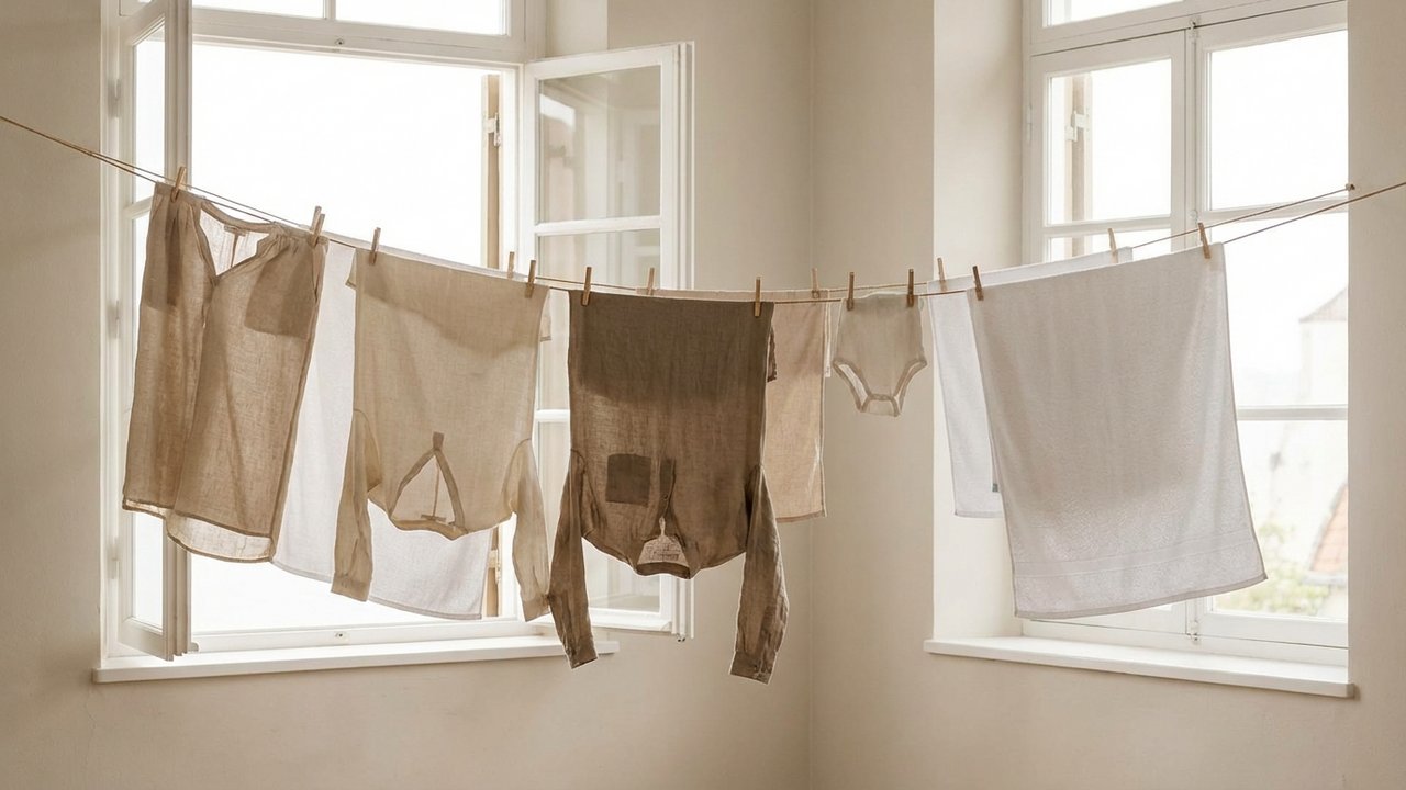 Linge humide étendu pour séchage dans une pièce bien ventilée