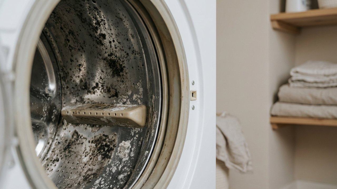 Tambour de machine à laver encrassé avec moisissures et calcaire