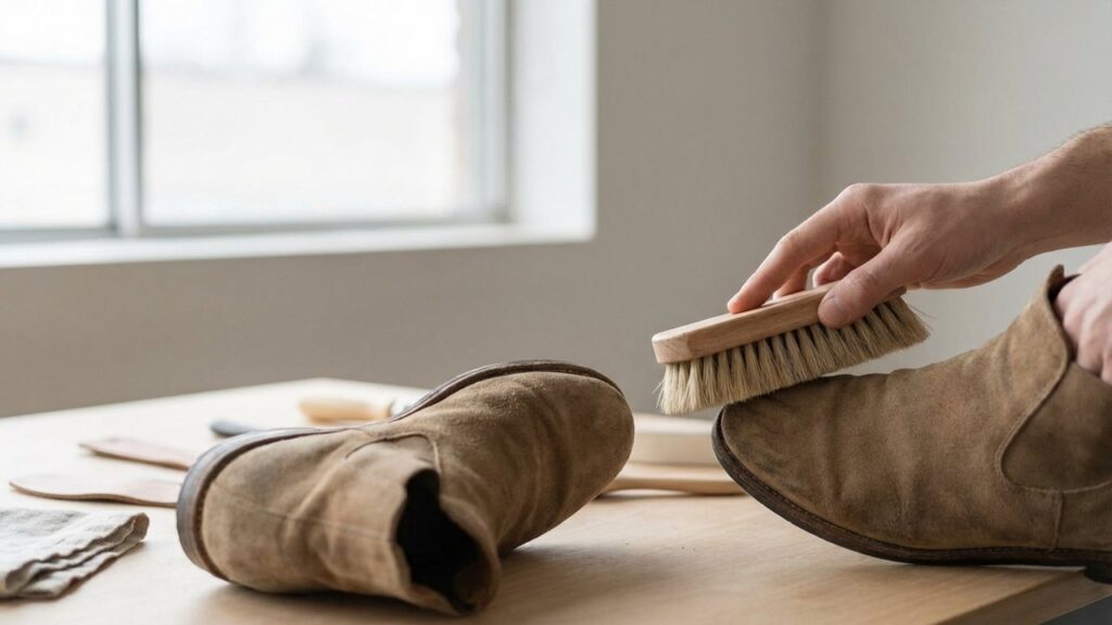 Nettoyage d'une chaussure en daim avec une brosse spécialisée