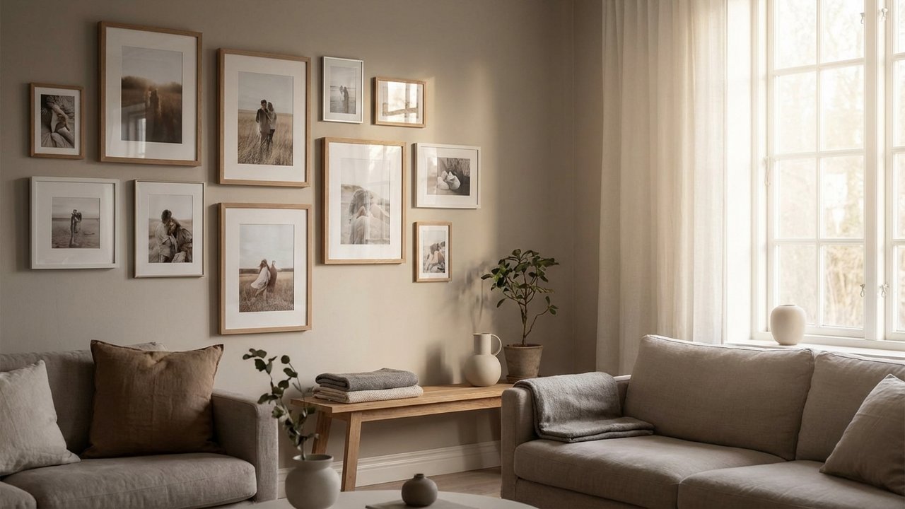 Espace de vie avec cadres illustrant transformation énergétique