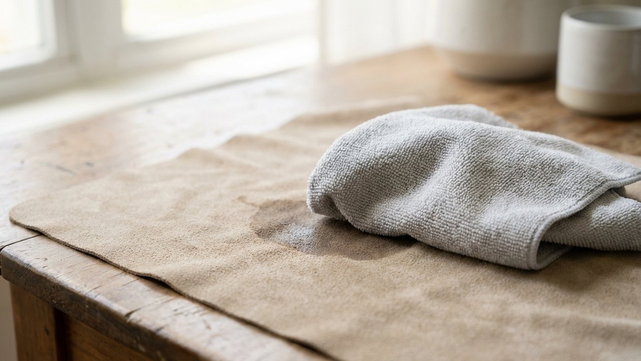 Nettoyage humide d'une tache sur du daim avec un chiffon microfibre