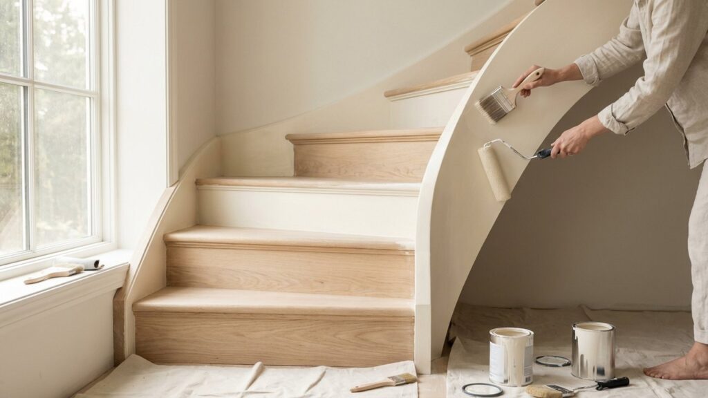Peinture d'un escalier en bois avec pinceau et rouleau