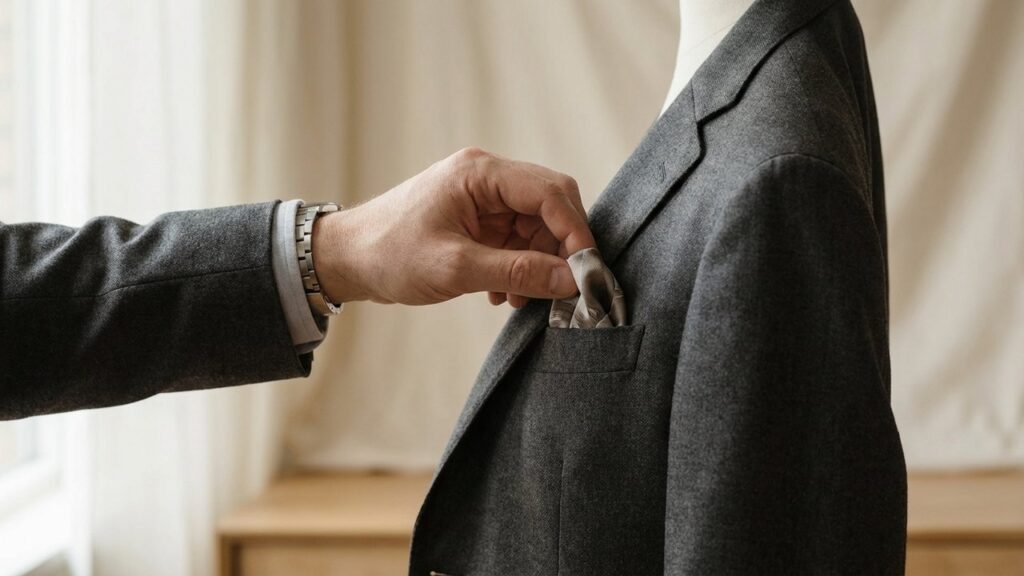 Pochette de costume pliée glissée dans la poche poitrine d'une veste