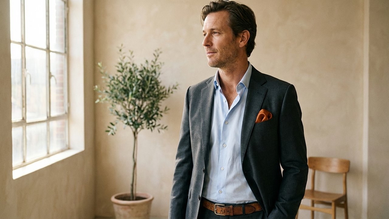 Pochette de costume portée sans cravate avec chemise col ouvert