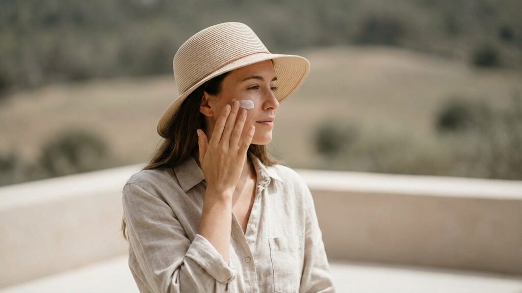 Préparation de la peau au soleil avec application de crème solaire