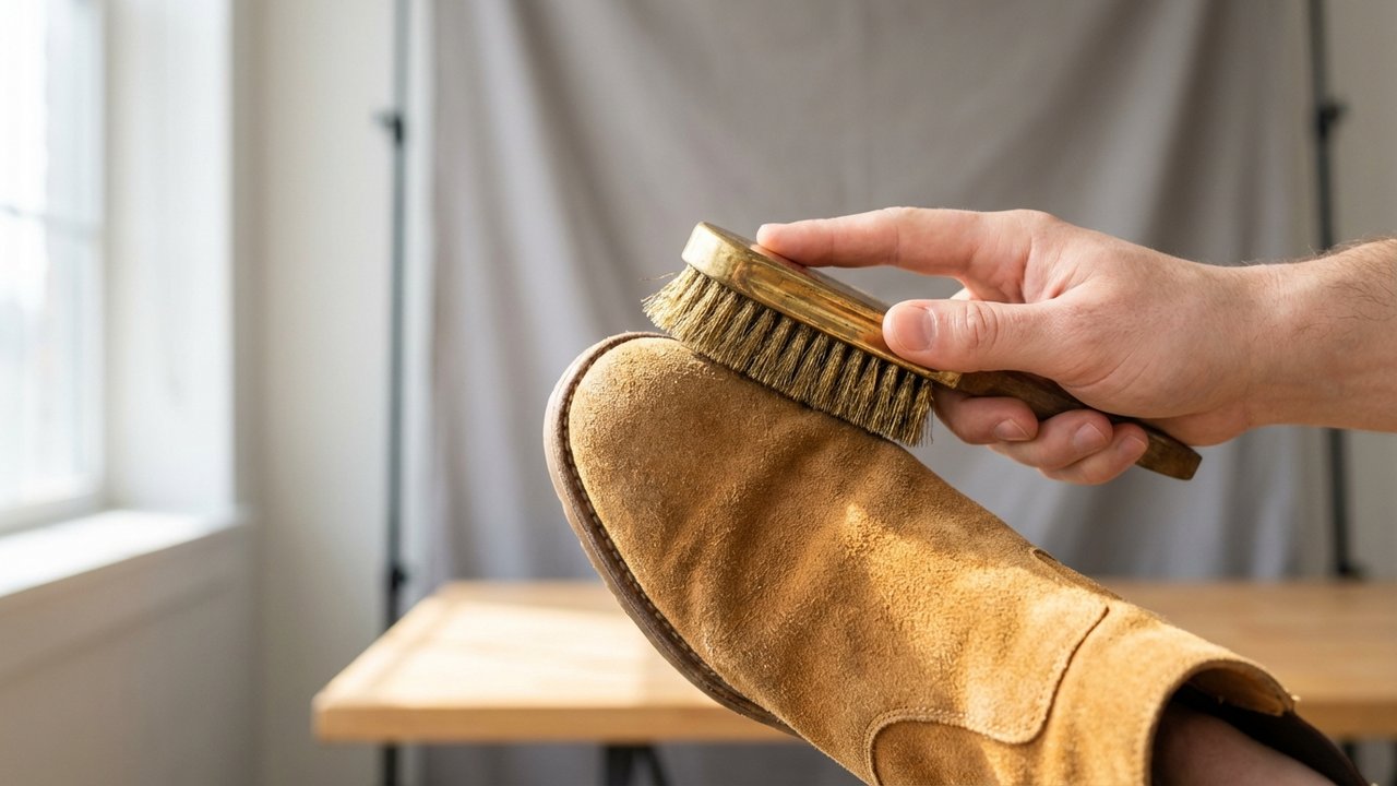 Ravivage d'une chaussure en daim terne avec une brosse à poils laiton