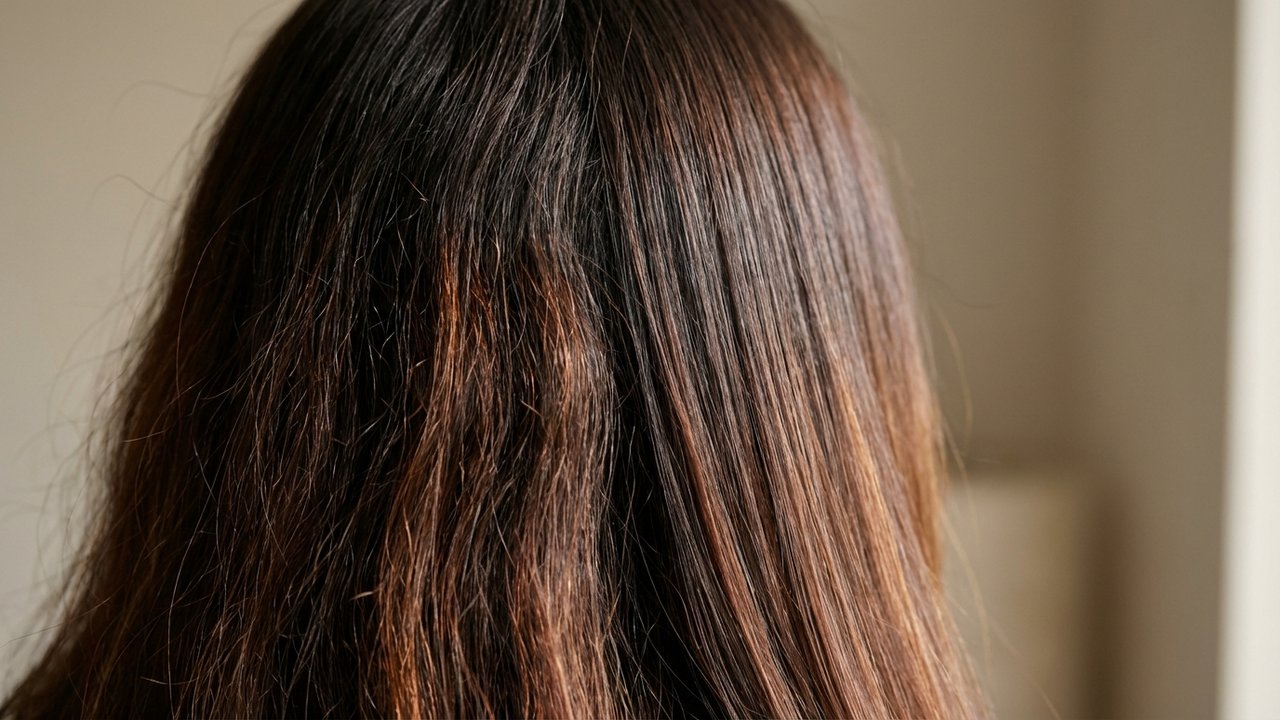 Texture des cheveux lissés montrant la réduction des frisottis et la brillance
