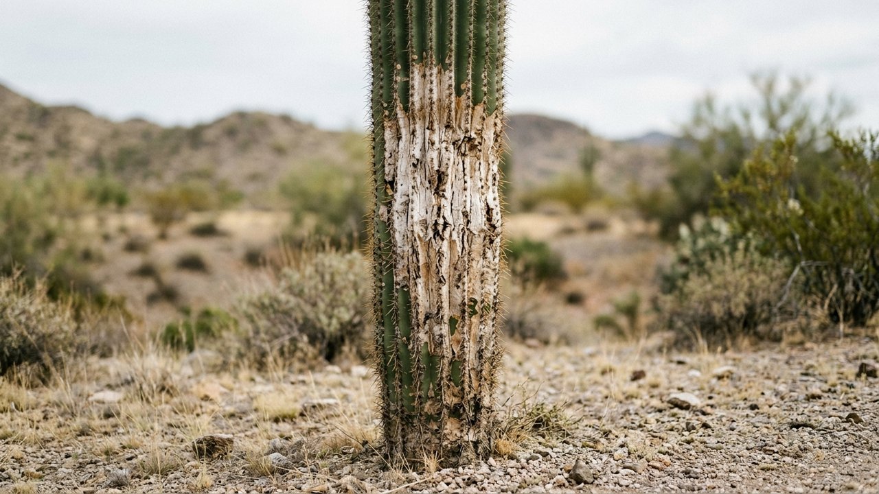 Détail des dommages causés par un coup de soleil sur un cactus