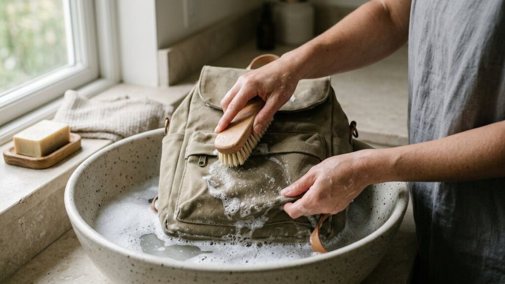 Lavage délicat d'un sac à dos à la main avec brosse souple