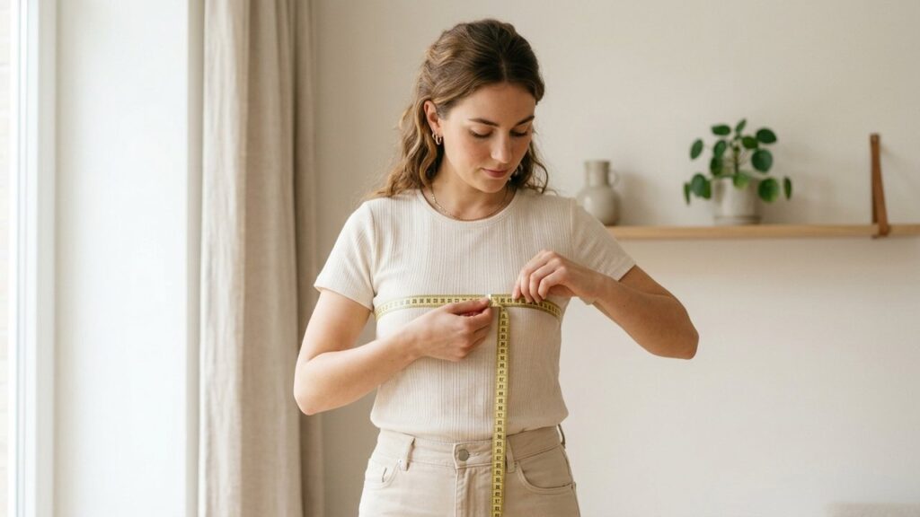 Femme mesurant sa taille de soutien-gorge avec un mètre ruban