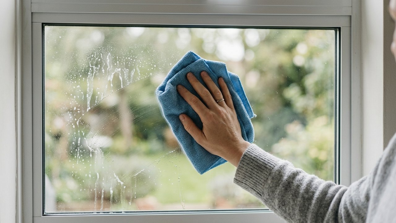 Essuyage des traces de calcaire sur une vitre avec un chiffon microfibre