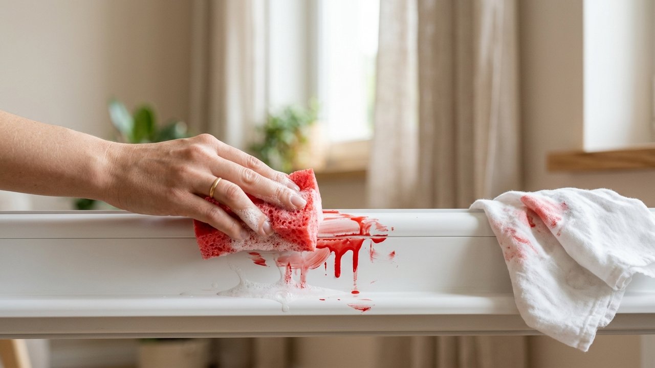 Nettoyage de peinture fraîche sur PVC avec éponge et eau savonneuse