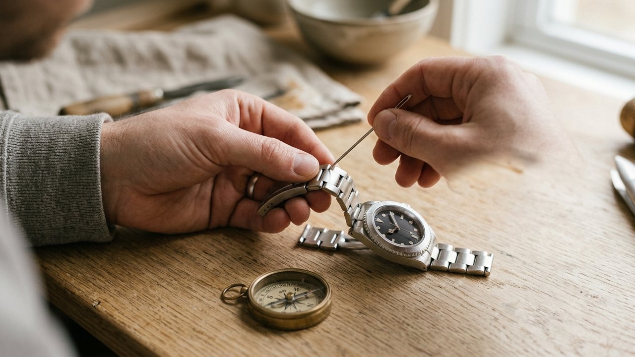 Aiguille à coudre et compas comme outils de dépannage pour montre