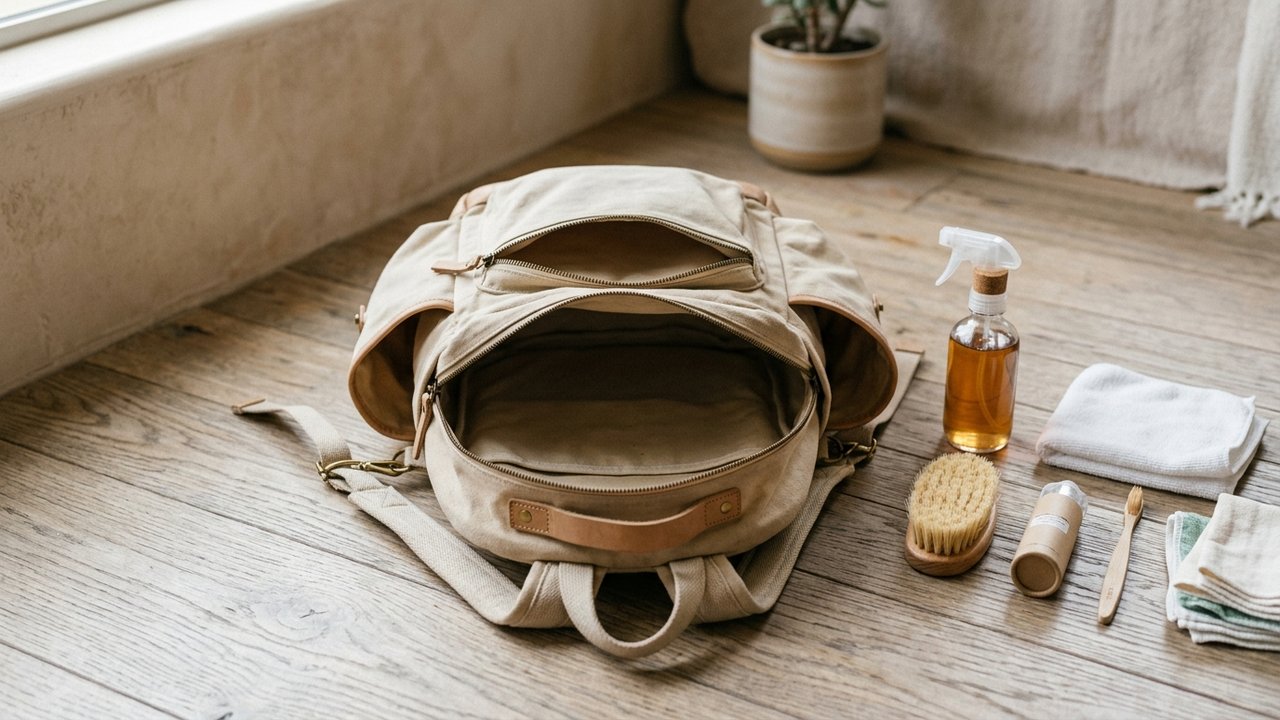 Préparation du sac à dos avant lavage avec matériel de nettoyage