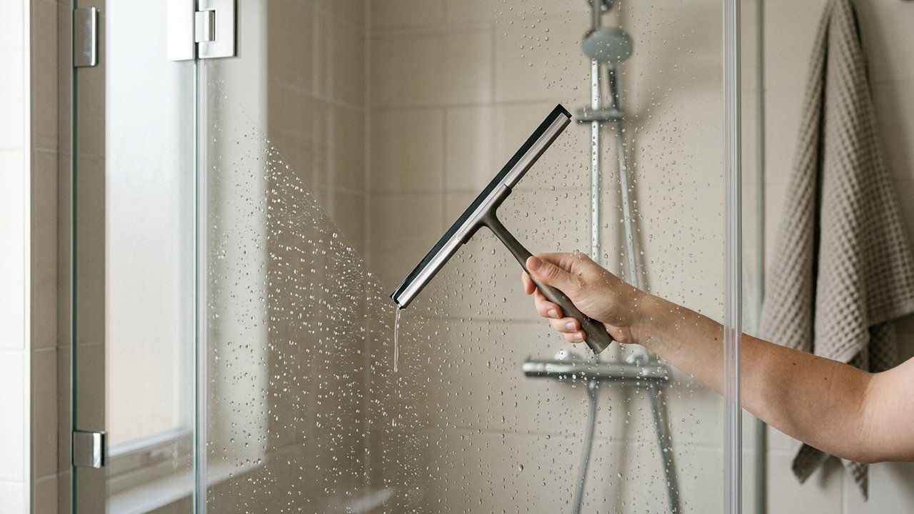 Utilisation d'une raclette pour sécher une paroi de douche et éviter le calcaire