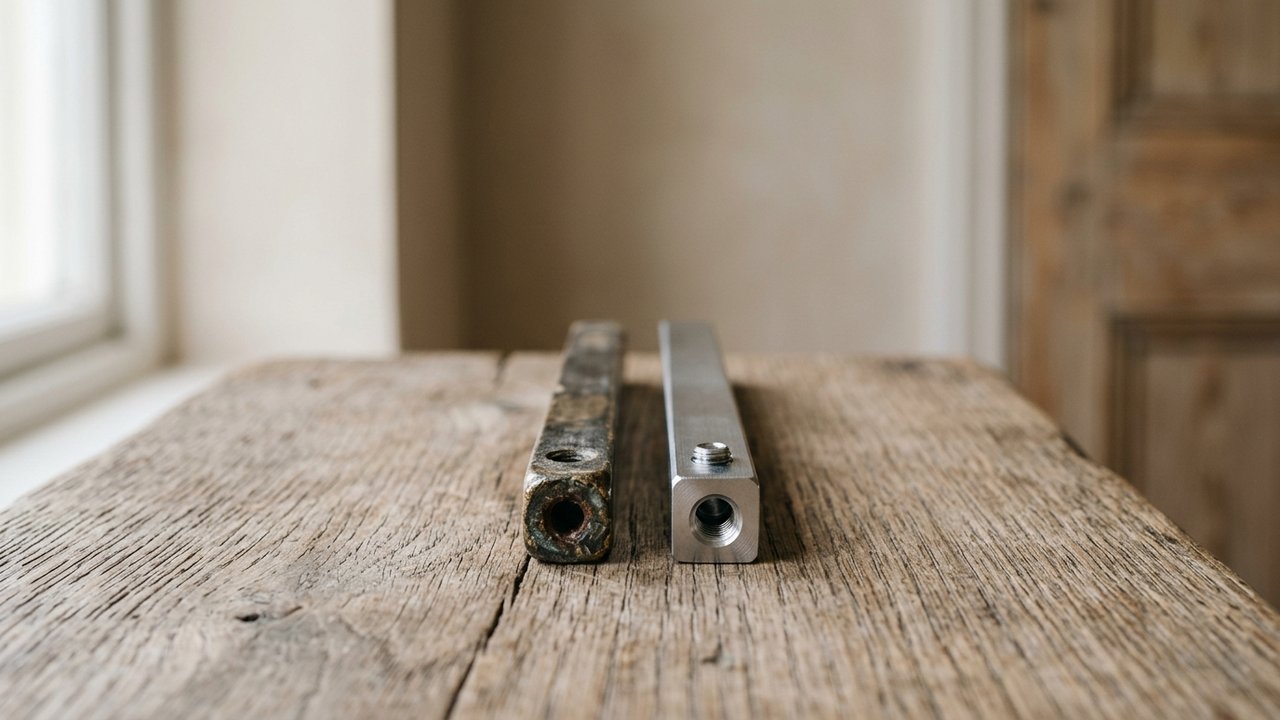 Comparaison entre une tige carrée usée et une neuve pour poignée de porte