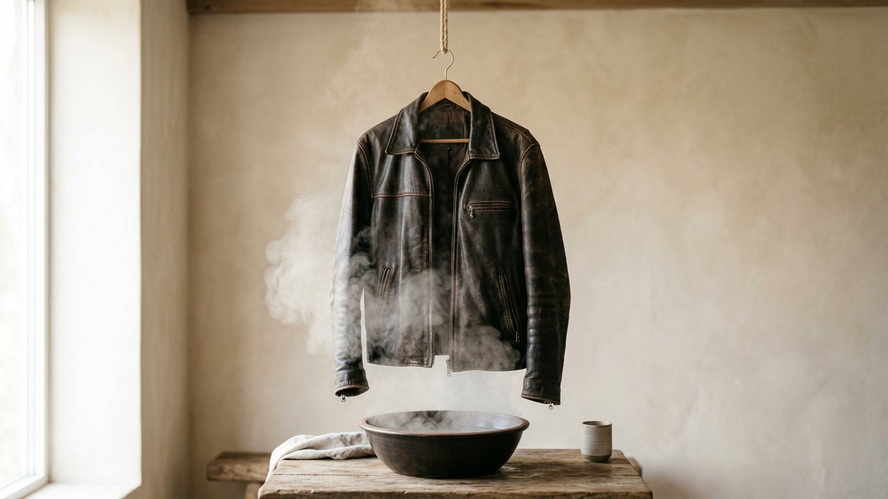 Exposition d'une veste en cuir à la vapeur pour l'assouplir