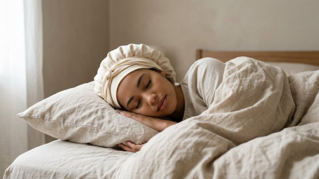 Femme portant un bonnet en soie pour protéger ses cheveux pendant la nuit