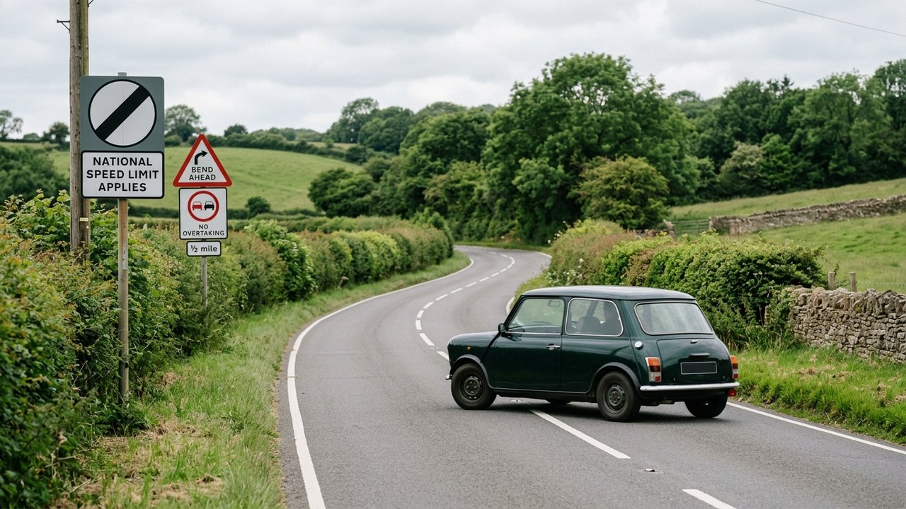 Voiture circulant à gauche sur une route anglaise avec signalisation britannique