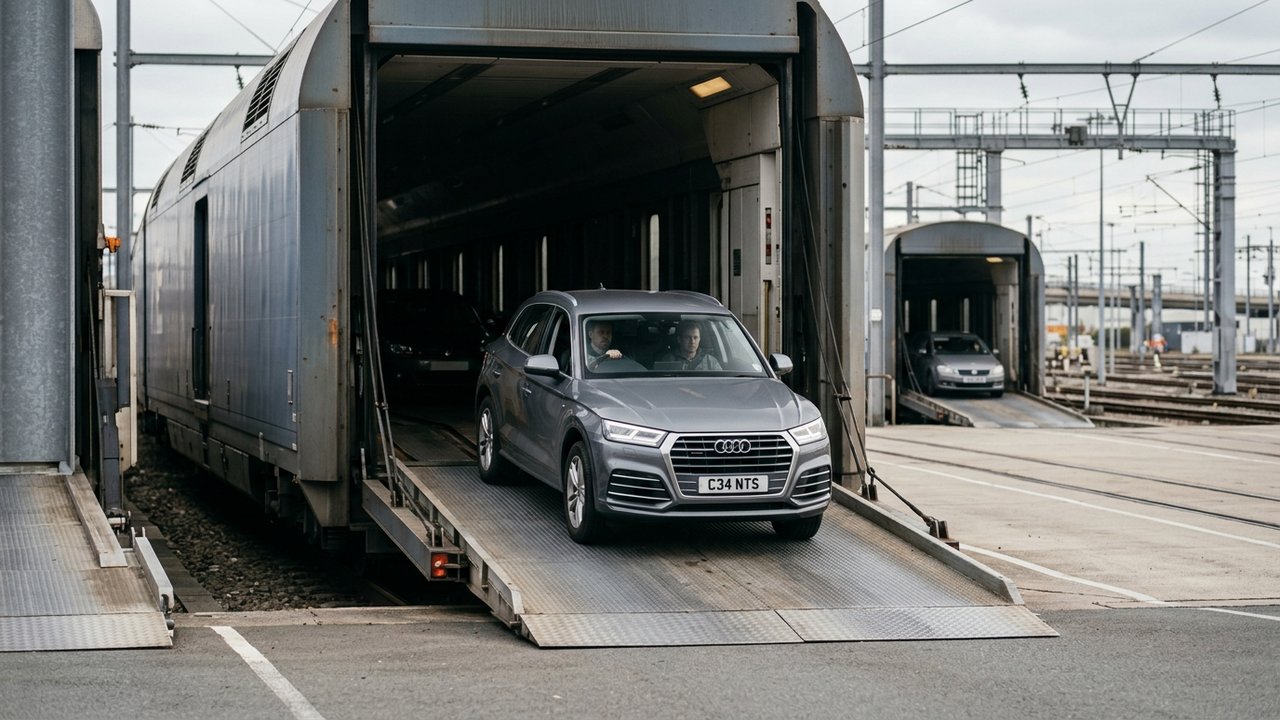 Embarquement d'une voiture sur le LeShuttle à Calais pour la traversée de la Manche