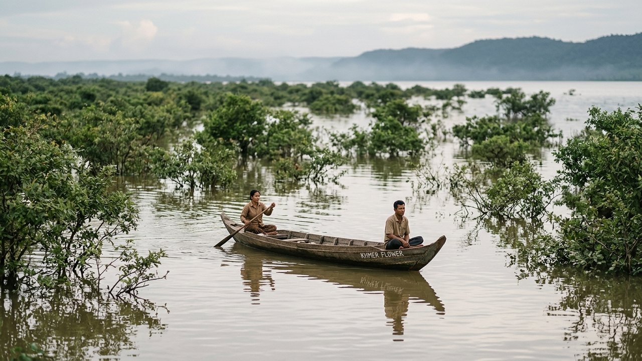Bateau sur le lac Tonlé Sap au Cambodge en saison des pluies