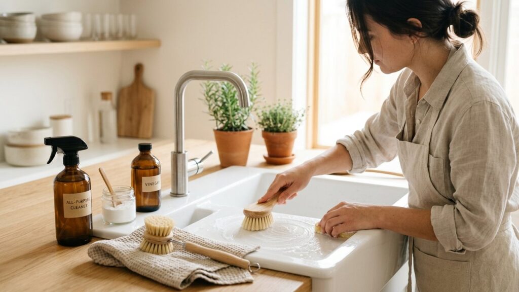 Nettoyage d'un évier blanc avec du bicarbonate de soude