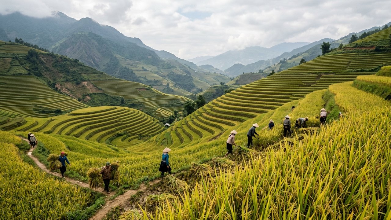 Rizières verdoyantes du Vietnam nord en saison sèche