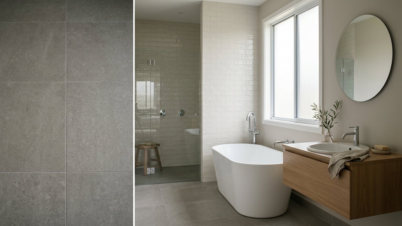 Salle de bain avec carrelage mat au sol et brillant au mur