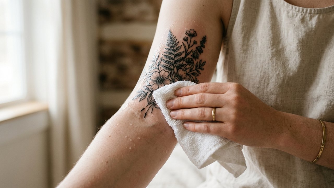Séchage délicat d'un tatouage frais avec une serviette propre