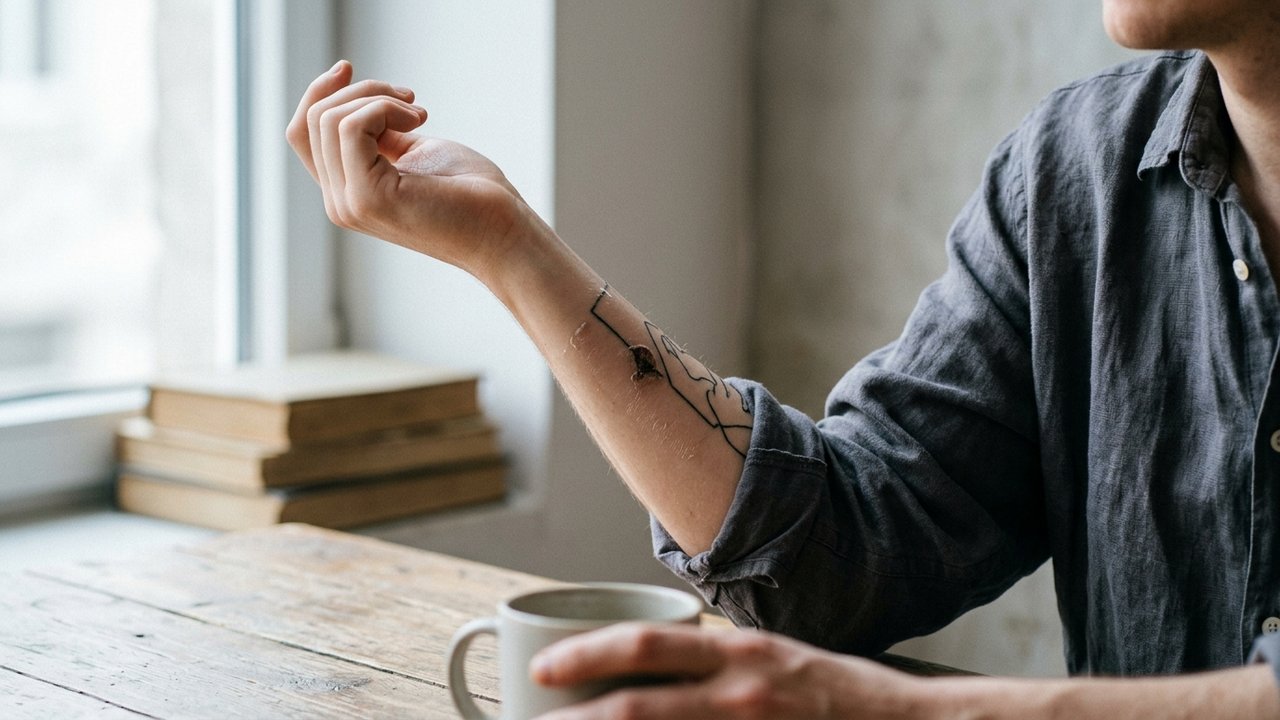 Cicatrisation d'un tatouage avec croûtes en phase de guérison