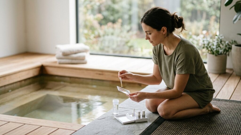 Test de l'eau d'un spa avec bandelettes d'analyse chimique