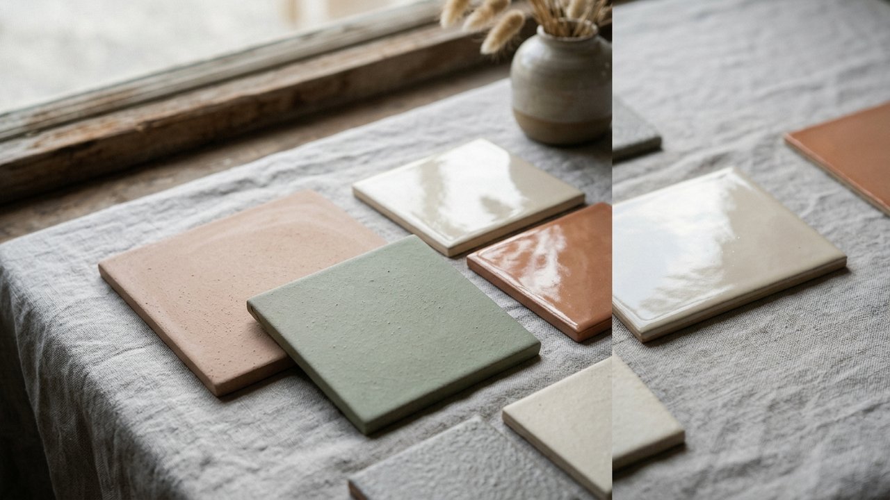 Différence de texture et de réflexion entre carrelage brillant et mat