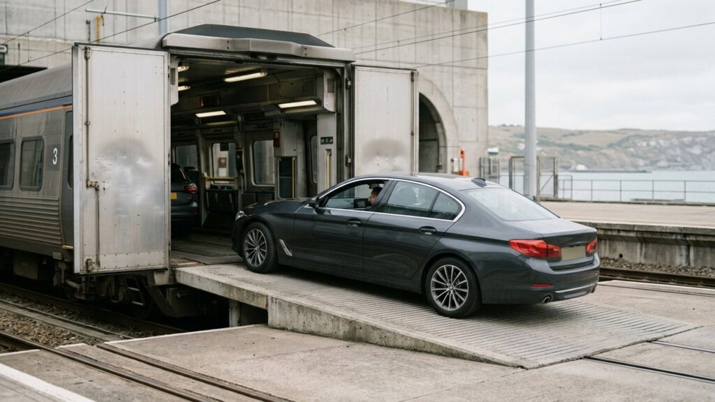Voiture embarquant sur le train-navette Eurotunnel pour traverser la Manche